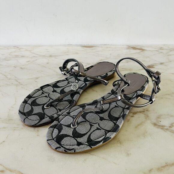 COACH Shirley Gray Black Canvas Logo Print Thong Sandal Silver Accent - US 7.5 - Picture 1 of 8